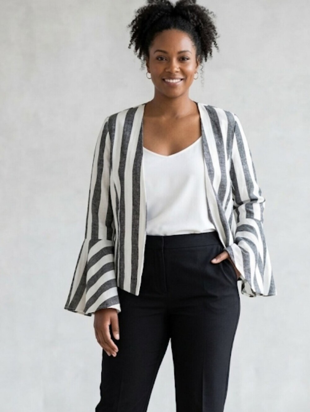 Ashley Stewart Linen Blend Striped Bell Sleeve Open Front Blazer Jacket 14